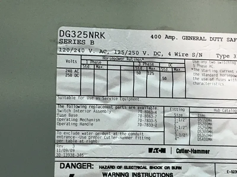 EATON CUTLER-HAMMER 400 AMPS GENERAL DUTY SAFETY SWITCH   -  DG325NRK