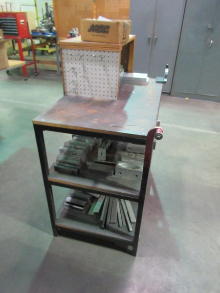 Work Table with 40 Taper Tool Vise and Contents including Large Assortment of Aluminum Vise Jaws- Auction Item