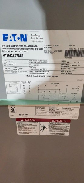 EATON DRY TYPE TRANSFORMER V48M28T75EE 75 KVA NEW