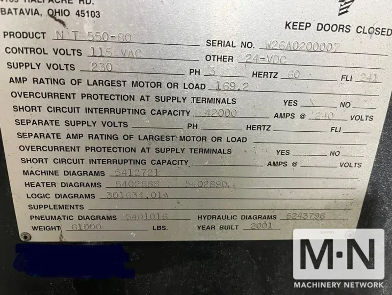 550 TON 72 OZ CINCINNATI MODEL NT550-80 POWERLINE ELECTRIC INJECTION MOLDING MACHINE MFG 2001