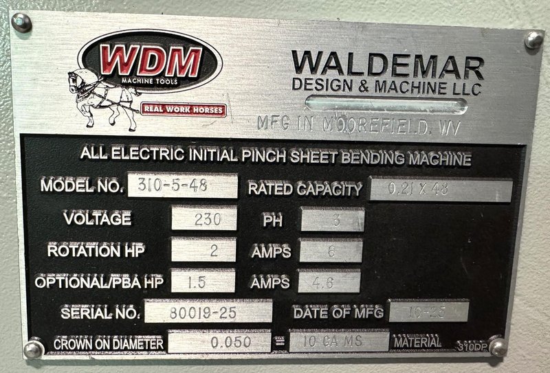 4' x 7/32" WDM Initial Pinch Bending Roll  310-5-48, 5" Diameter Rolls, DRO, New, In Stock