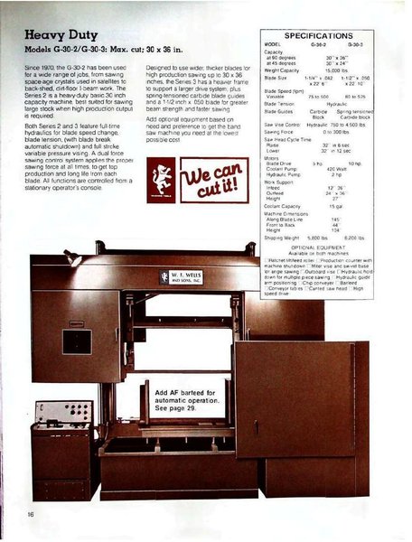 30&quot; X 36&quot; W.F. WELLS MODEL G-30-II HORIZONTAL BANDSAW: STOCK #23678