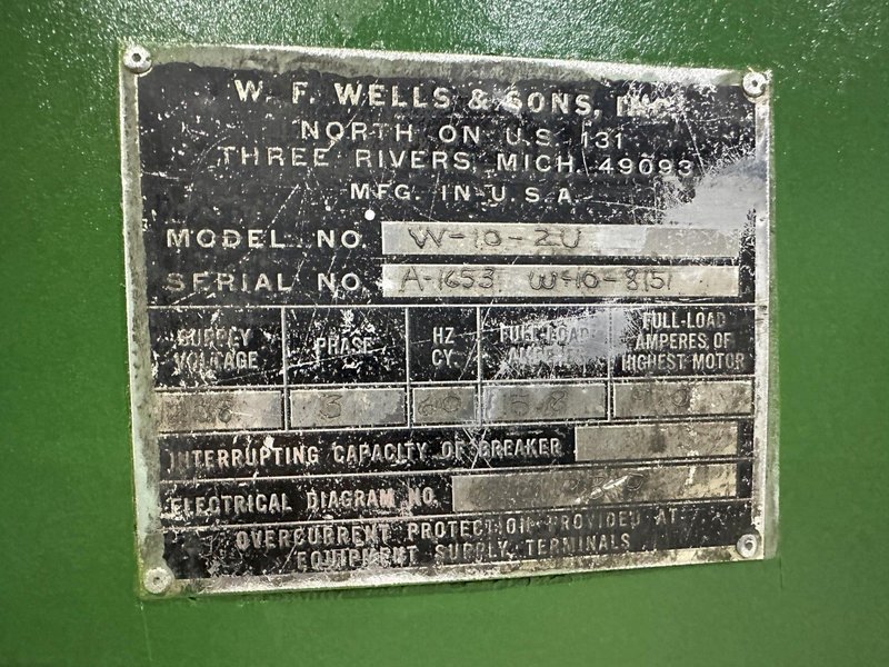 10" X 17" WF WELLS MODEL #W-10-2U AUTOMATIC HORIZONTAL DUAL POST BAND SAW: STOCK #21759