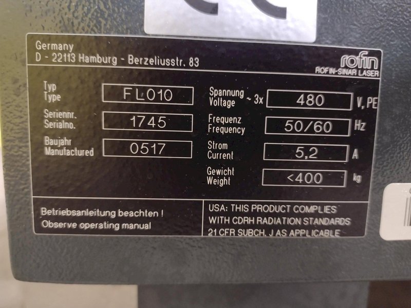 1000 WATT ROFIN MODEL #FL-010 FIBRE LASER MACHINE: STOCK #19371