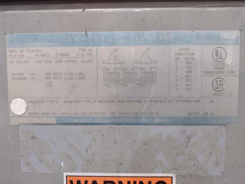 45 KW GENERAL ELECTRIC 480 &lt;-&gt; 240 VOLT TRANSFORMER: STOCK #23365