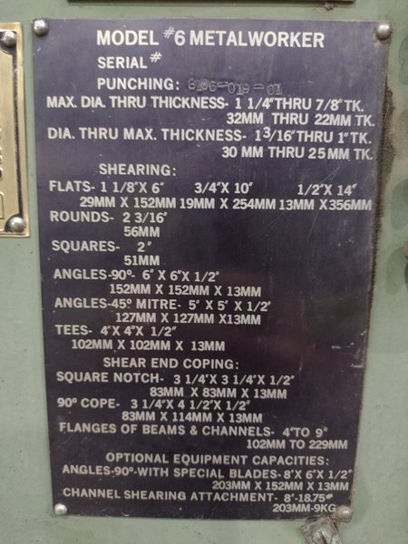 95 TON HILL ACME MODEL #6 HYDRAULIC IRONWORKER: STOCK #23420