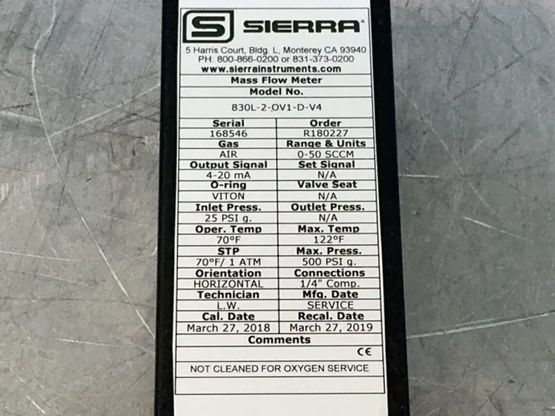 Sierra 25psig Inlet Pressure Mass Flow Meter - 830l-2-ov1-d-v4