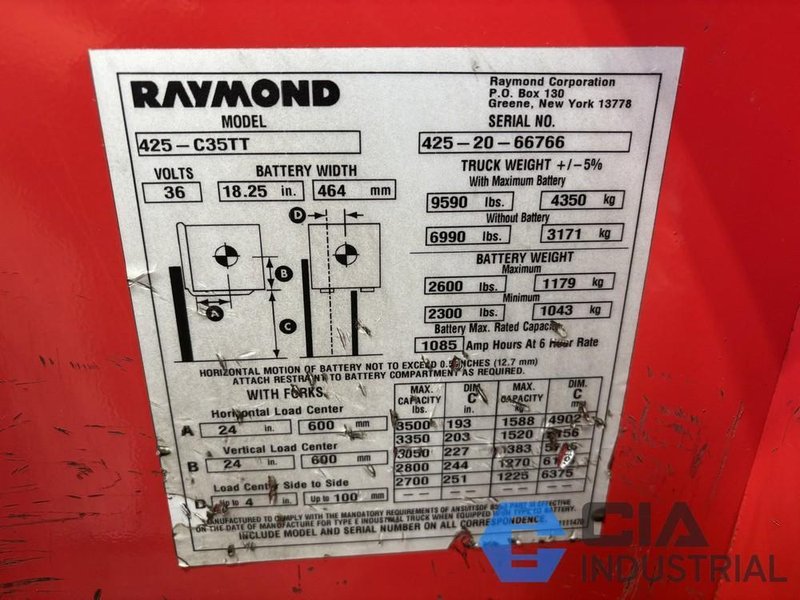 2020 - 3,500 LB. RAYMOND MODEL 425-C35TT STAND-UP ELECTRIC FORKLIFT