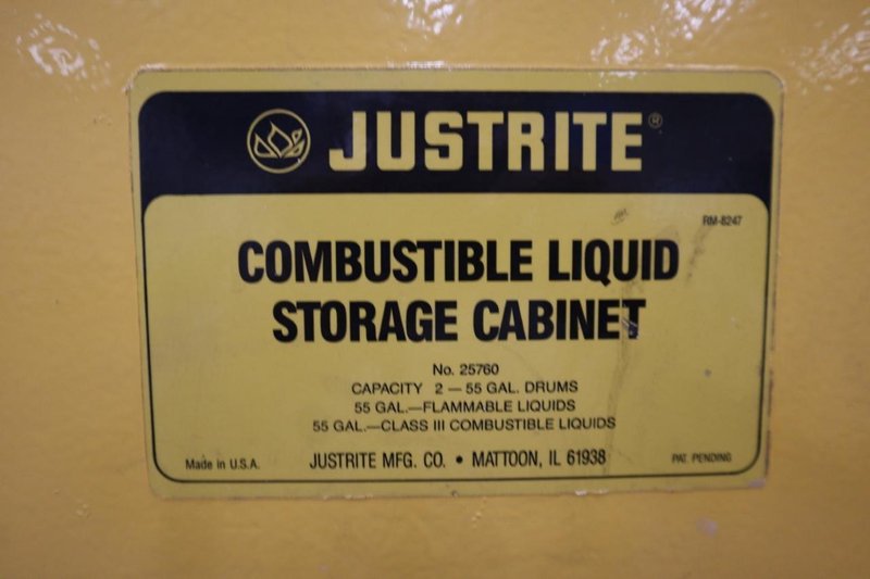 Justrite Combustible Liquids Storage Cabinet, 2 Door, Cap 2 55 Gal Drums- Auction Item