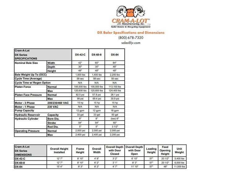 84" X 48" X 48" JV MFG MODEL #DXR-84 CRAM-A-LOT VERTICAL HYDRAULIC CARDBOARD BALER: YOBRO #24667