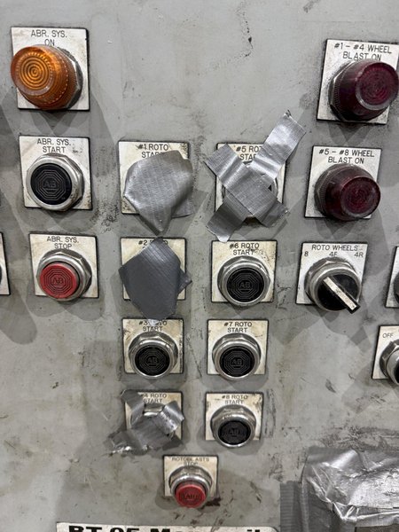 36" x 48" x 8 WHEEL PANGBORN ROTOBLAST PASS THROUGH HANGING CONVEYOR SHOT BLAST MACHINE: YOBRO #24717