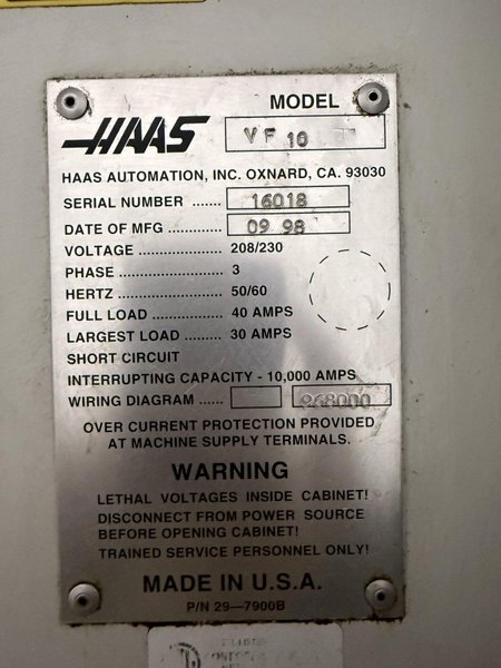 HAAS VF-10 VERTICAL MACHINING CENTER. STOCK # 0325526