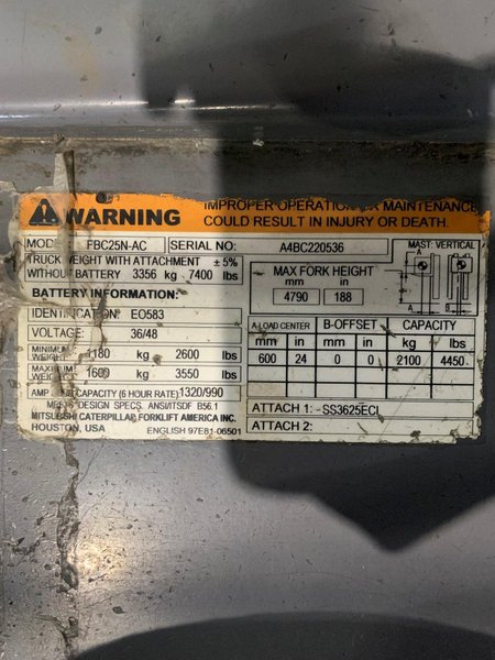 4,450 LB. MITSUBISHI MODEL FBC25N-AC ELECTRIC FORKLIFT. STOCK # 1162923.