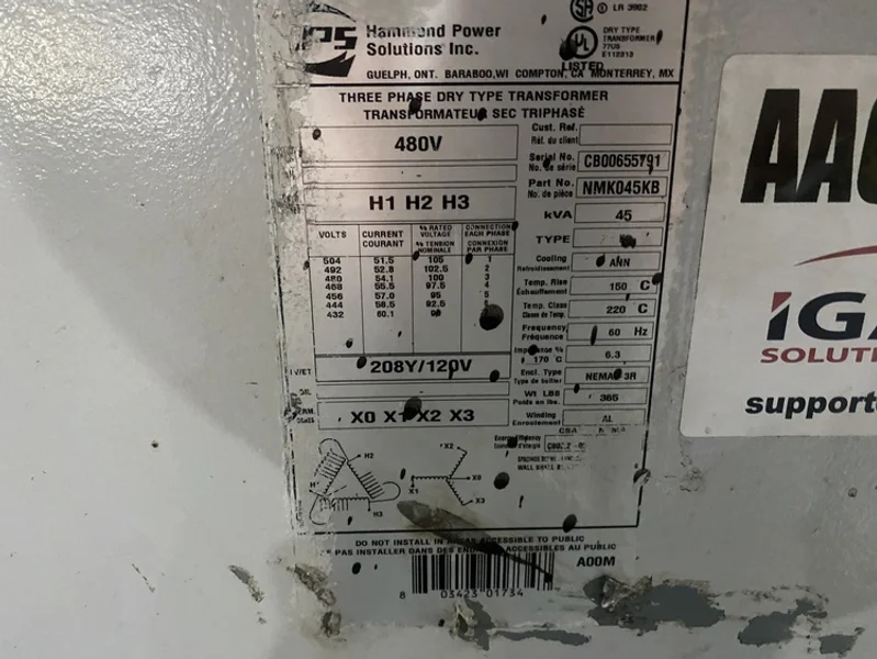 Hammond Power Solutions – NMK045KB Transformer 480V – 208Y/120V, 45kVA USED