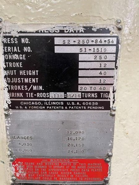250 TON USI-CLEARING S2-250-84-54 STRAIGHT SIDE DOUBLE CRANK PRESS. STOCK # 0679524