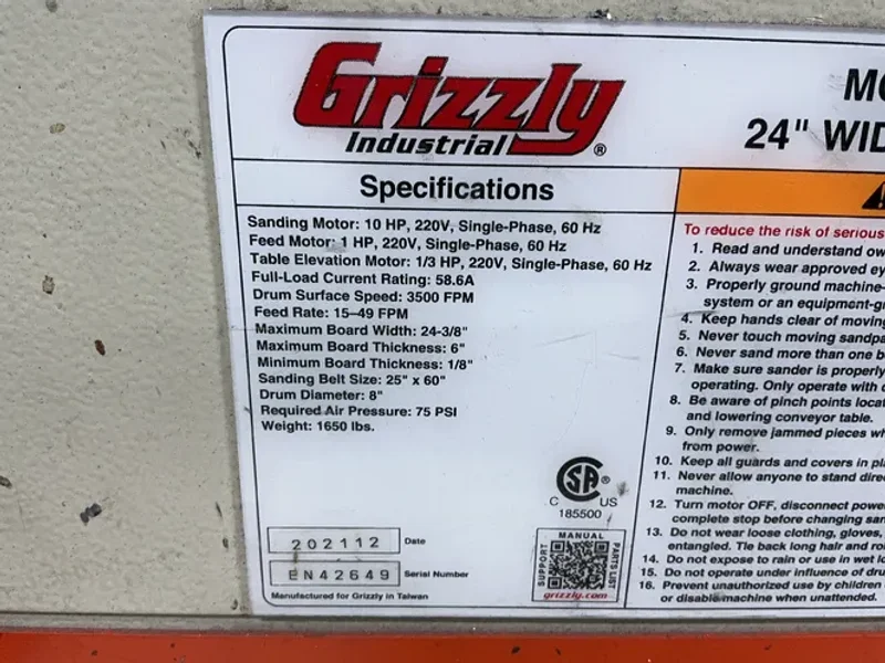 Grizzly Industrial  24” Wide Belt Sander  - G9962z