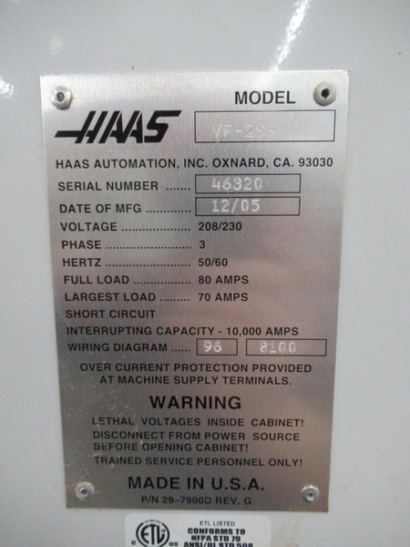 Haas VF-2SS 4-Axis CNC Vertical Machining Center, 12K Spindle, CAT 40, 24 Station SMTC, TSC, HRT210HS-CNC-HD Rotary Table