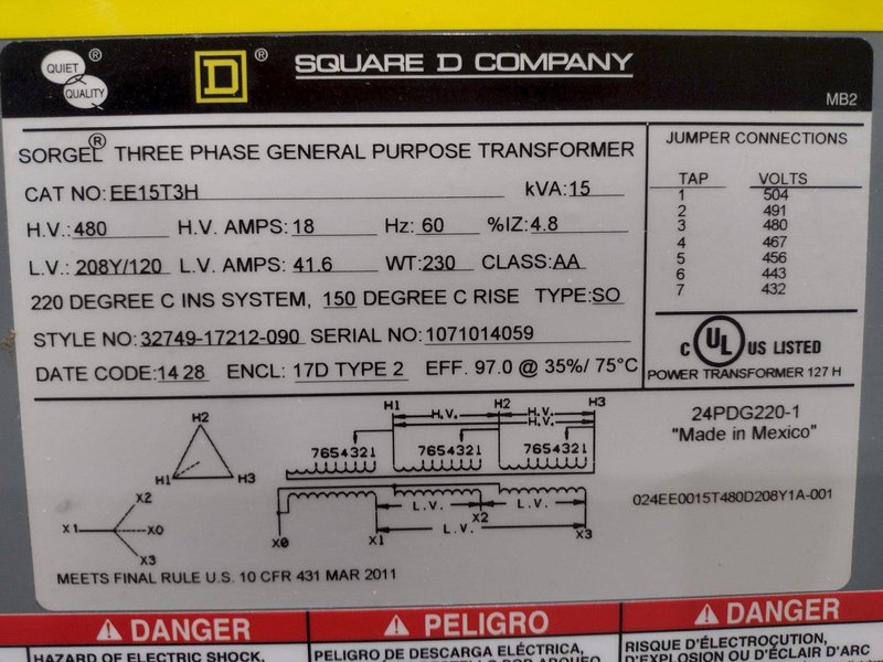 15 KVA SQUARE D  480 V  - 208Y/120 V GENERAL PURPOSE TRANSFORMER : STOCK #19164