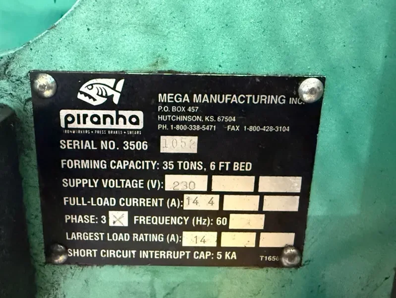 PIRANHA #3506  6’ x 35 Ton Hydraulic Press Brake &amp; CNC Back Gauge USA #7982