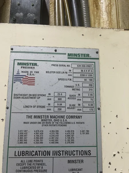 MINSTER E2H-350-86X47 SSDC PRESS, s/n 29921, STOCK# 14384J
