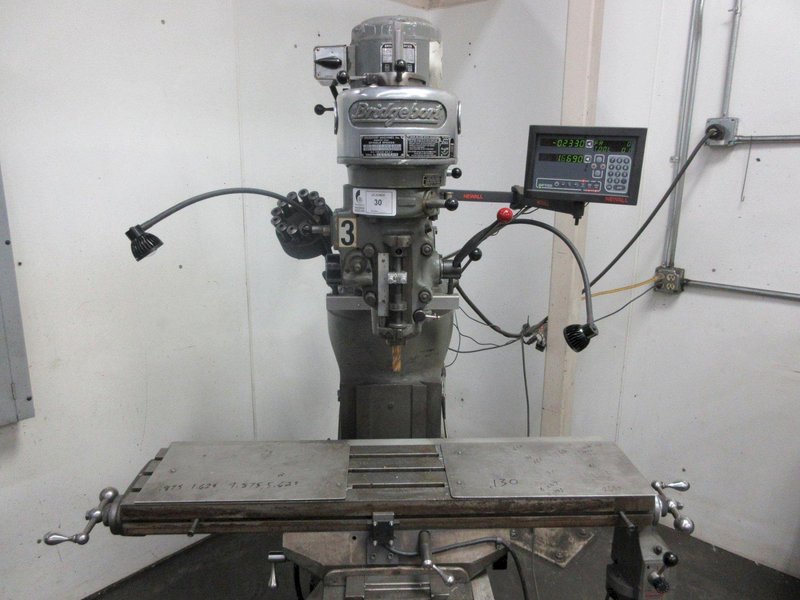 Bridgeport 1J Vertical Mill, Step Pulley Speed Change Head, 9&quot;x42&quot; Table, Newall DP700 2-Axis Digital Readouts- Auction Item