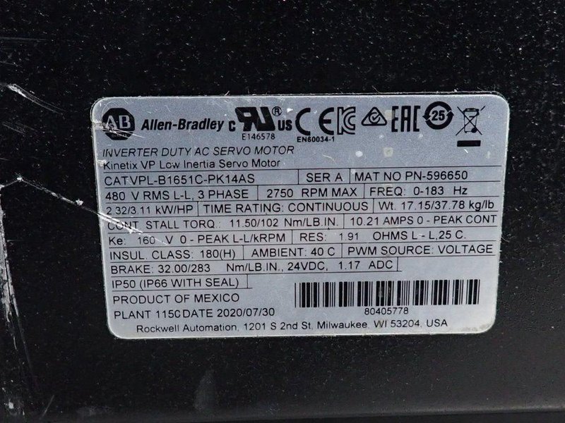 ALLEN BRADLEY 2.32 KW AC SERVO MOTOR  -  VPL-B1651C-PK14AS