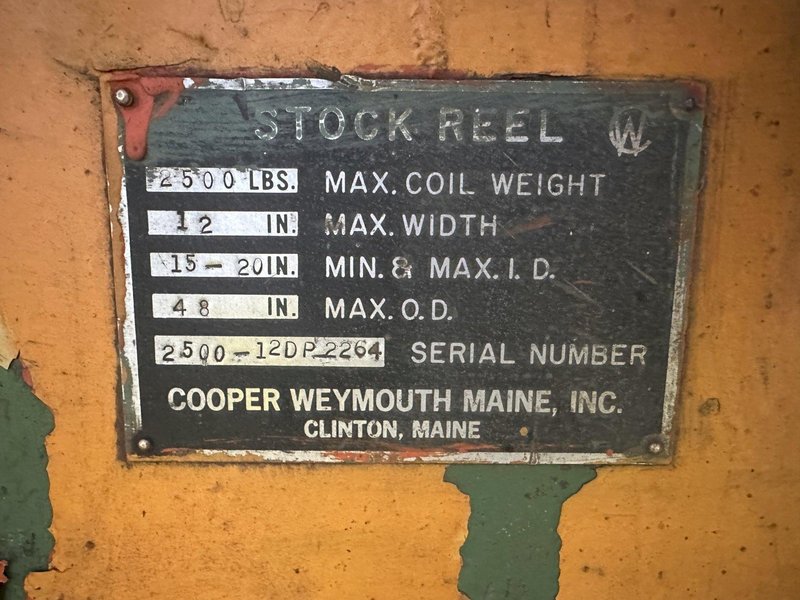 2500 LBS X 12&quot; COOPER WEYMOUTH DOUBLE END PULL-OFF COIL REEL UNCOILER: STOCK #22619