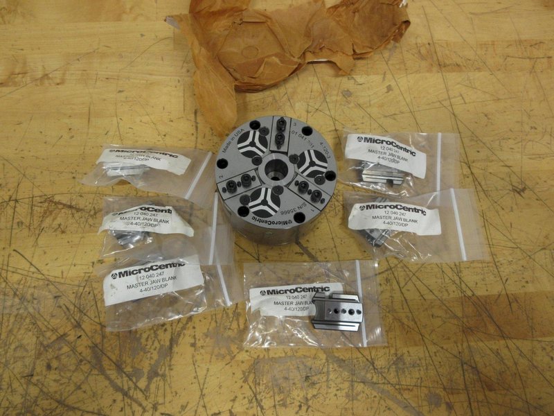 Microcentric 4-120-3, Rotating Air Chucks, 4" 3-Jaw with (6) 12 040 247 Spare Master Jaw Blanks  ***Looks New, Unused***- Auction Item