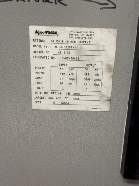 2021 Ajax Tocco pacer T 50 kw induction melting power supply rated at 10 khz., model M-20-101297-11, s/n 40-1131 with Pillar #8 drop coil furnace and stand, 100# hydraulic tilting box furnace, hydraulic pump and tank, CMA Flodyne/Hydradyne model J10611 water system with 1.5 hp pump and tank rated at 1000 psi, 1.0 max flow