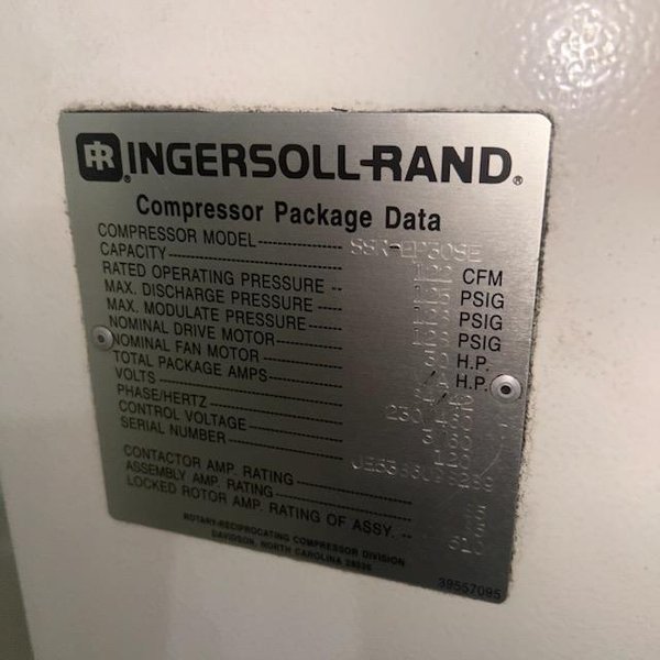 Used 30 HP Ingersoll-Rand Rotary Screw Air Compressor, Dryer and Tank Included