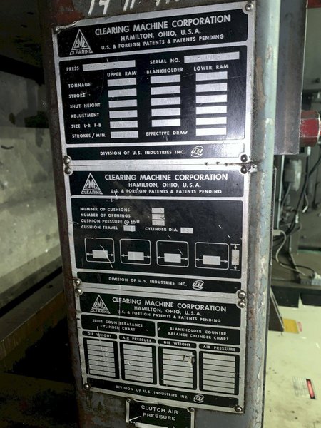 200 TON CLEARING MODEL S2-200-72-36 STRAIGHT SIDE SSDC STAMPING PRESS, 12" STROKE: STOCK #12979