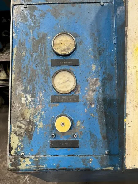 USED HYD-MECH MODEL S-35P SEMI-AUTOMATIC HORIZONTAL MITERING BANDSAW COMPLETE WITH 90' OF POWERED ROLLER CONVEYOR, Year: 1997