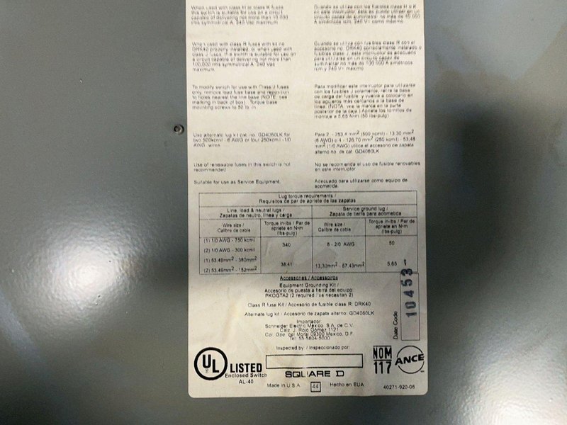 SQUARE D 400 A / 240 V GENERAL DUTY FUSIBLE SAFETY SWITCH  -  D325N