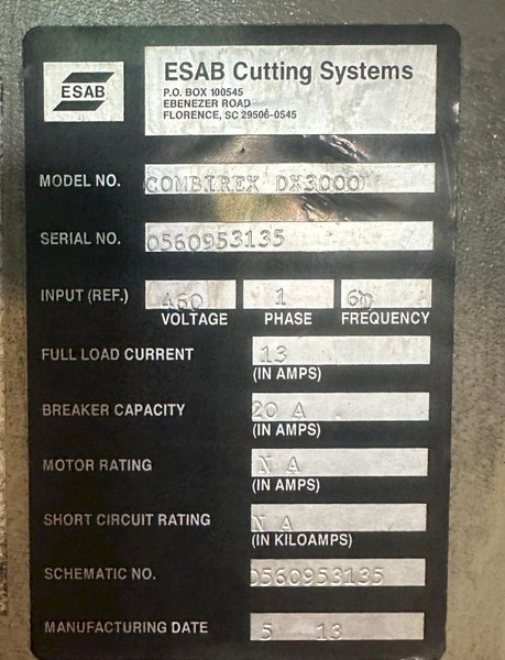 5&#039; 6&quot; x 21&#039;6&quot; ESAB MODEL #COMBIREX DX3000 GANTRY STYLE PLASMA CUTTING MACHINE: STOCK #16510