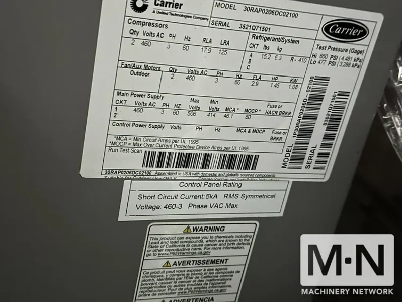 20 TON AIR COOLED CHILLER MODEL 30RAP0206DC05F00 MFG IN 2021 AND NEVER USED  (2) AVAILABLE