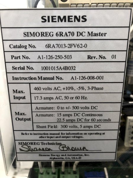 SIEMENS SIMOREG 6RA7018-6FV62-0-Z DC-CONVERTER: STOCK #18077