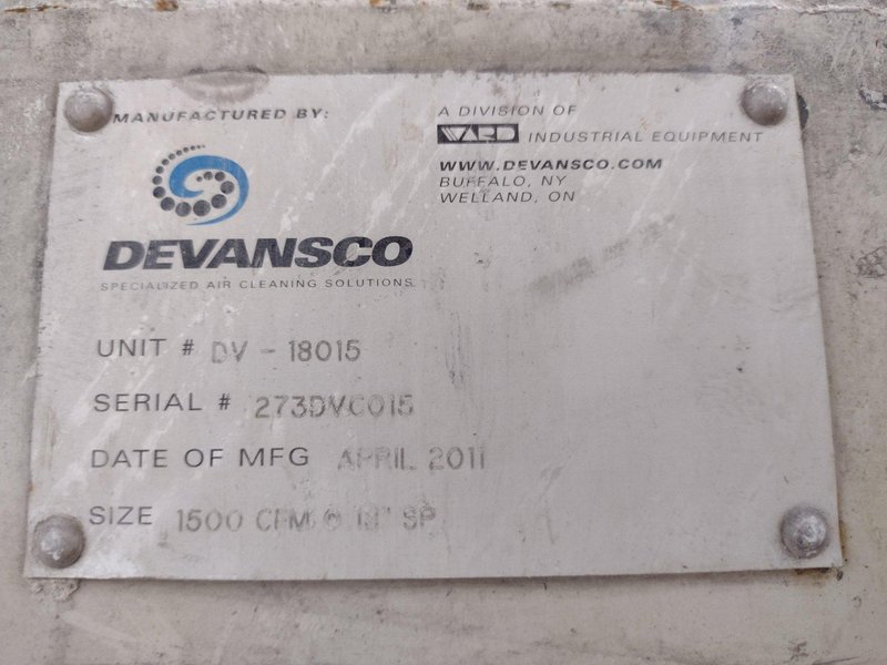 1500 CFM WARD-DEVANSCO MODEL #DV-18015 WET TYPE DUST COLLECTOR: STOCK #18630