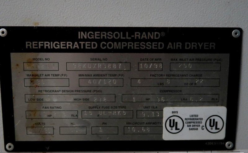 INGERSOL RAND MODEL DXR200 COMPRESSED AIR DRYER, S/N 98KDXR3887, New 10/98.