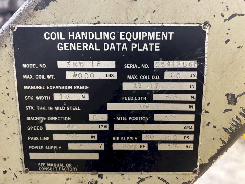 4,000 LBS X 18″ CWP MODEL #3RD18 PULL OFF DOUBLE END UNCOILER COIL REEL USED