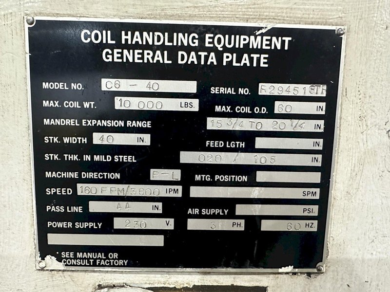 10,000 LBS X 40” ROWE MODEL #10040 UNCOILER / COIL REEL: STOCK# 3888