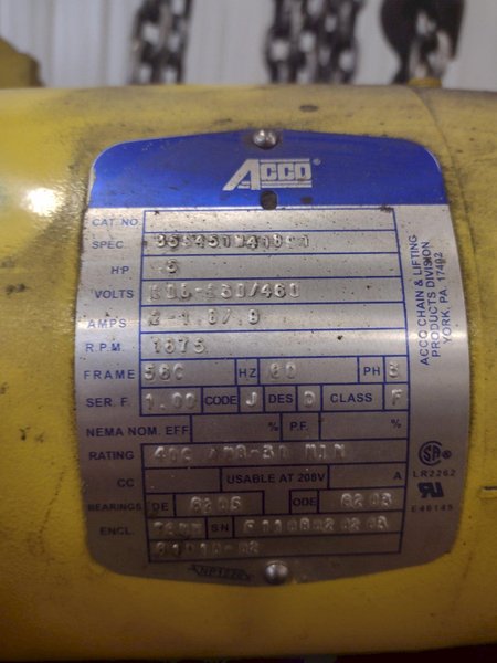 2000 LBS X 36' LIFT ACCO WRIGHT POWERED CABLE HOIST WITH POWERED TROLLEY : STOCK #14984