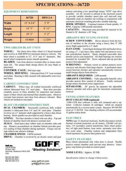 36&quot; X 72&quot; GOFF MODEL #3672D SPINNER HANGER SHOT BLAST CLEANING SYSTEM, NEW 2006: STOCK #22470