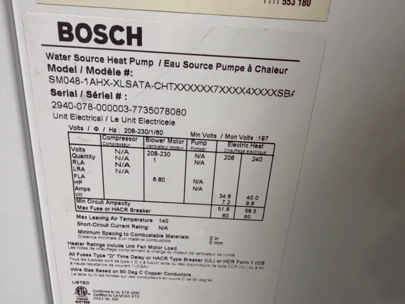 BOSCH WATER SOURCE HEAT PUMP   -  SM060-1AHX-XLSATA-CHTX