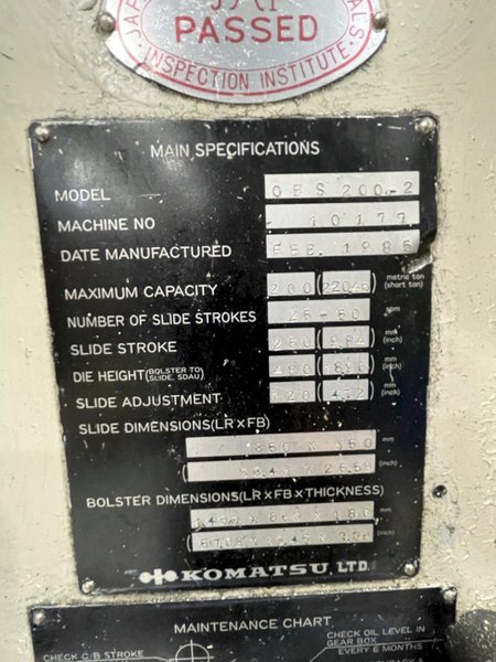 200 ton Komatsu Single Point Gap Mechanical Metal Stamping Press #OBS200-2, Year 1986