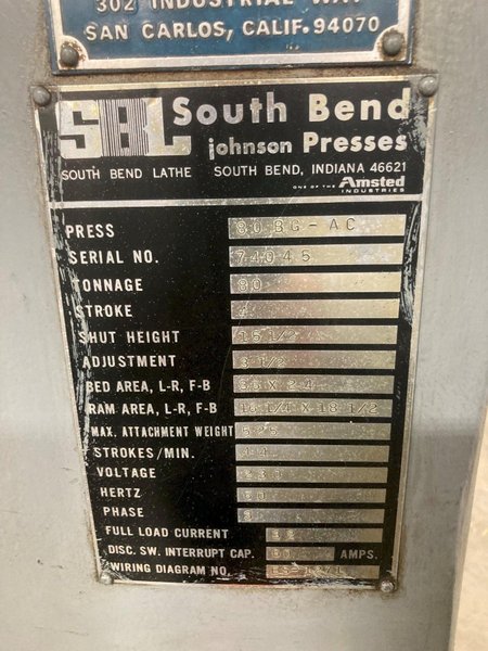 80 TON SOUTHBEND MODLE #OBI-90 BACKGEARED OBI PUNCH PRESS, 4" STROKE: STOCK 16281