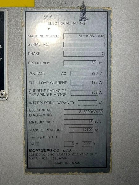 Mori Seiki SL-603B/1000 CNC Turning Center – 22.4″ Chuck Lathe