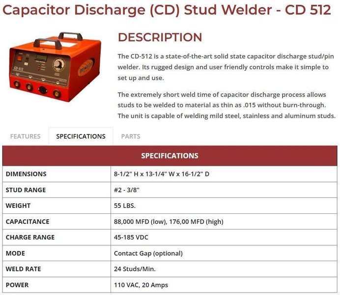 3/8&quot; PRO-WELD MODEL #CD-512 STUD WELDER &amp; QUANTITY OF STUDS &amp; TOOLING: STOCK #22325
