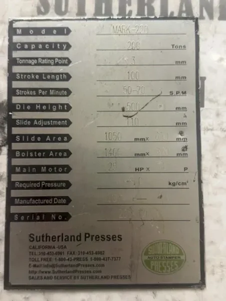 Sutherland 200 Ton Gap Frame Press - Mark-220