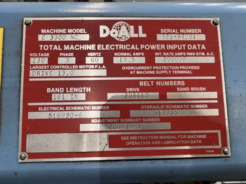 13" X 13" CAPACITY DOALL MODEL #C-3300NC AUTOMATIC HORIZONTAL BANDSAW: YOBRO #25755