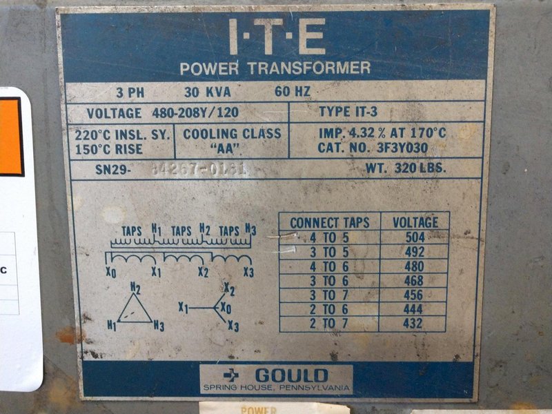 30 KVA GOULD 480-208Y/120 3 PHASE POWER TRANSFORMER: STOCK #13431